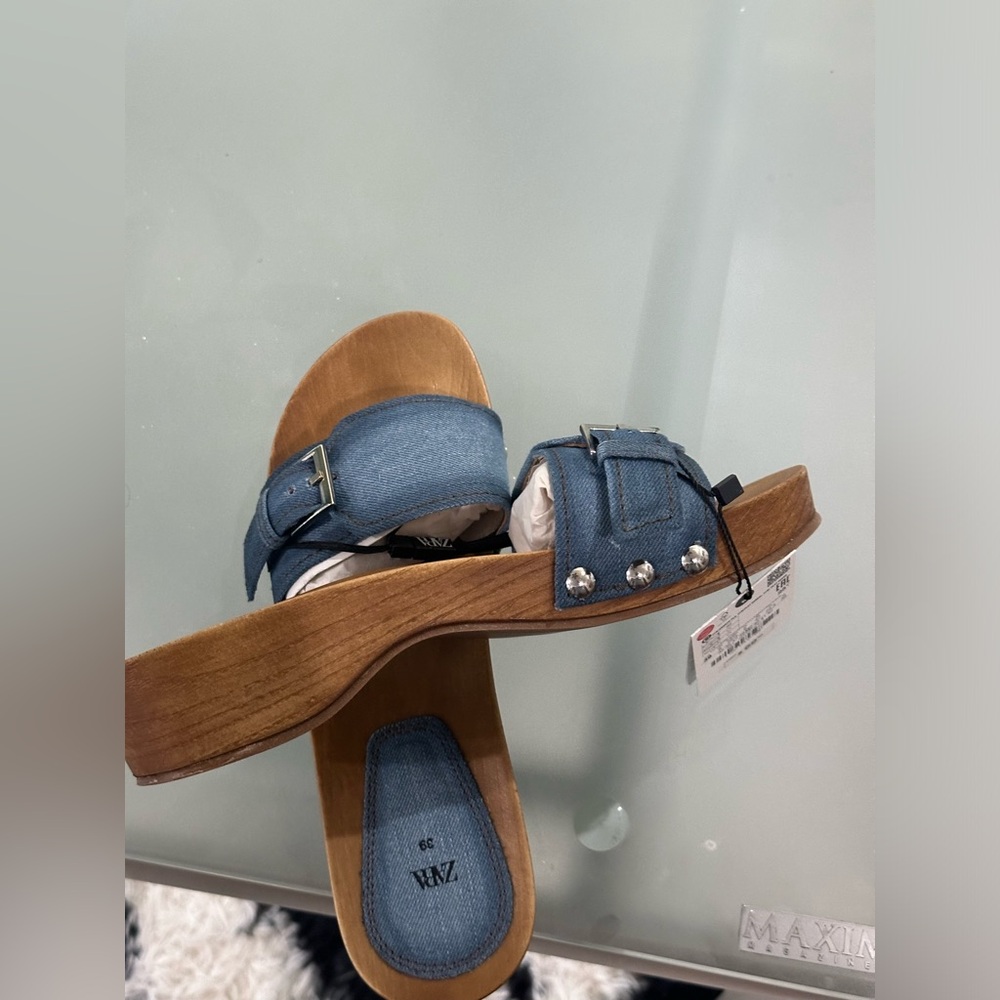 Zara denim wood slippers